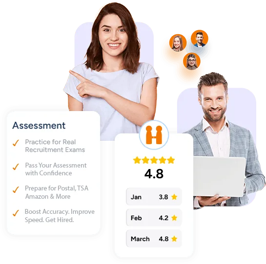 Woman pointing toward job practice tests beside a man holding a laptop, with assessment and rating cards.