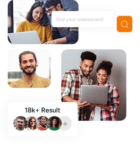 Collage of people using laptops, with an assessment search bar and results card.